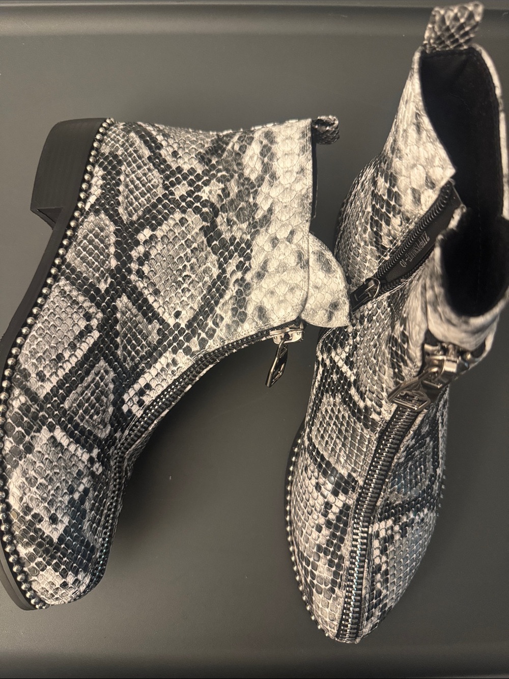 Faux Snake-Print Ankle Boots in Black and White - Women's Heeled Boot